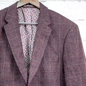 James Tattersall Blazer 44 XL Burgundy Wool Blend Windowpane Check Old Money